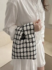 格子手腕包，粗花呢手提包，复古黑白格子迷你托特包，通勤迷你小巧手提包 - 黑與白 - 查看 4