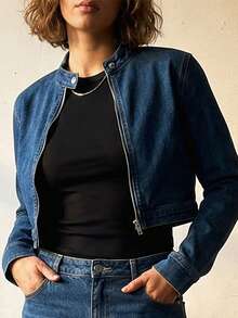Women's Stretch Denim Jacket Short Length - Cropped Casual Jean Jacket With Zipper Front & Long Sleeves For Layering (Comfortable Fit) - Dark Wash - View 6