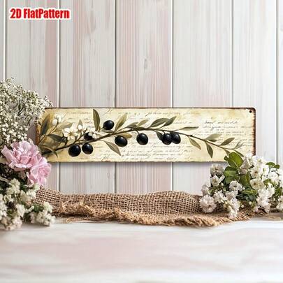 2D平面复古金属标牌，橄榄花环图案，UV印刷，尺寸3.94 x 15.75英寸，可悬挂于墙面，用途广泛，设计独特有趣，无需用电，适用于家居、酒吧、咖啡馆、装饰，亦可作为复活节礼物。