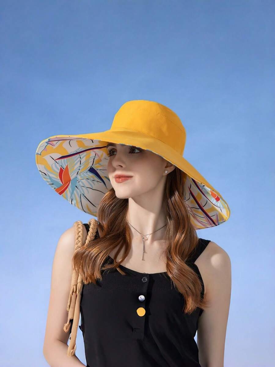 Sombrero de cubo reversible con ala ancha, sombrero de sol estampado para mujer para primavera/verano, versátil y con protección UV a la moda, para playa, vacaciones, días festivos, viajes - Sombrero reversible de ala grande para el sol. - Ver 1