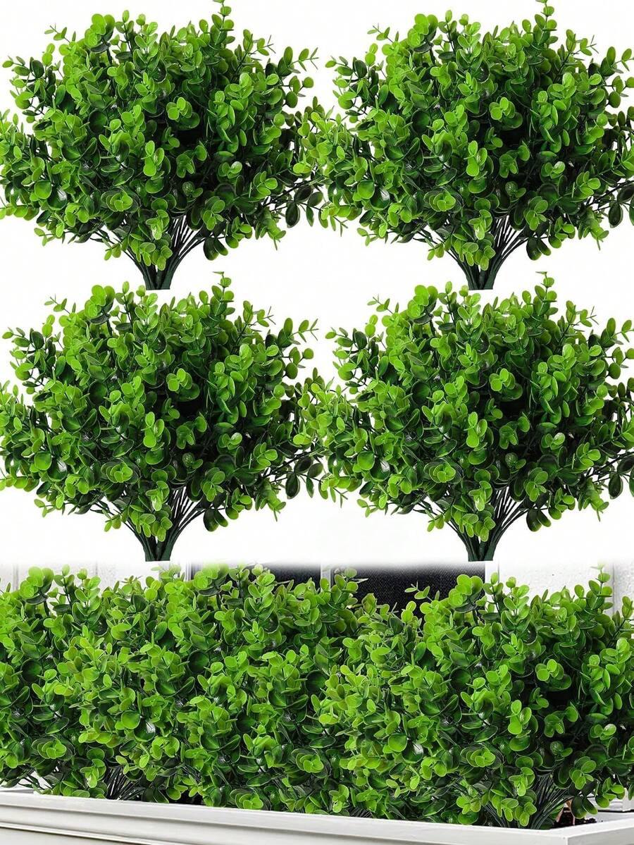 6件套 - 户外绿植仿真植物，桉树枝，抗紫外线假叶植物，仿黄杨灌木，室内装饰仿真花，适用于家居点缀、婚礼、花园盆栽、门廊围栏悬挂式花盆