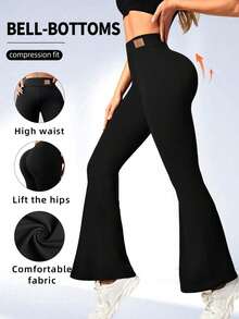 1pc High-Waisted Tight Fit Pants For Women, Minimalist Slimming Flared Leggings, Solid Color Yoga Wide Leg Pants, Elastic Loose Casual Sports Trousers With Waistband And Logo, Lifting Buttocks And Slimming Waist - Black - View 5