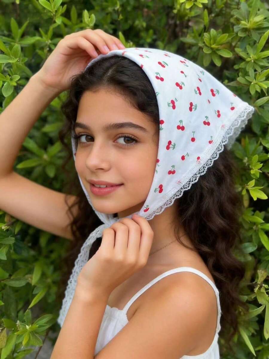 1 pieza Pañuelo triangular, diadema y coletero de mujer de estilo campestre francés a cuadros, fresco para el verano - cereza - Ver 1