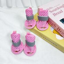 4pcs/Set Pet Open Toe Summer Outdoor Elastic Strap Wear-Resistant Anti-Slip Breathable Mesh Shoes, Suitable For Small Dogs Indoor & Outdoor - Blue - View 4