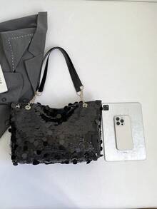 Bolso de mano de mujer con cadena al hombro y bajo el brazo, con lentejuelas, estilo elegante y sencillo, nueva colección primavera 2026 - Negro - Ver 3