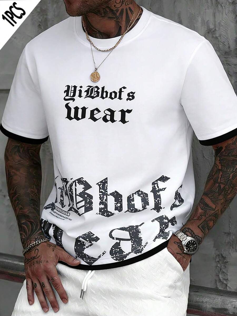 Men's Letter Graphic T-Shirt, Casual Fashion Daily Wear Round Neck Short Sleeve Top - White - View 1