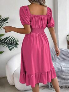 Women's Spring Summer Casual Ditsy Floral Print Dress Short Puff Sleeve Drawstring Waist Flowy A-Line Midi Dress Boho Beach Vacation Holiday Outfit - 玫紅色 - 查看 3