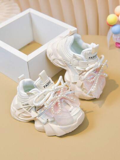 1双新款时尚粉色仿珍珠蝴蝶结透气儿童厚底运动鞋 - 春秋季最佳运动鞋 - 适合户外玩耍和上学，舒适防滑