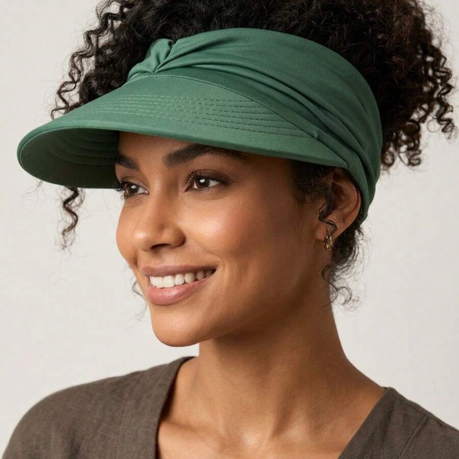 Women's Wide Brim Turban Visor With UV50+ Protection, Beach, Pool, Foldable, Adjustable, Summer - 墨綠色 - 查看 1