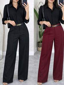 Kit Of 2 Women's Tailored Wide Leg Pants With Belt - 黑色/酒紅色 - 查看 1