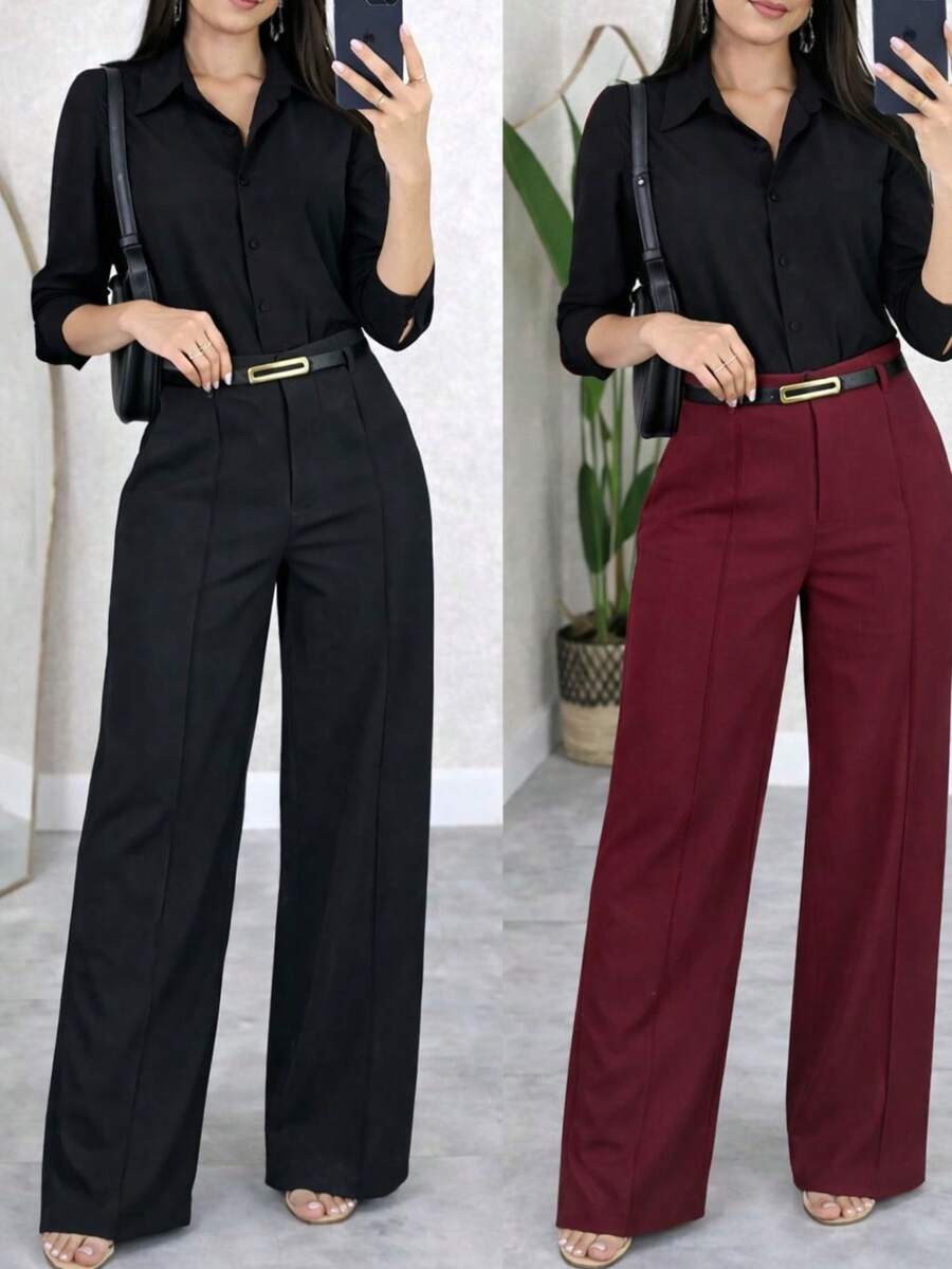 Kit Of 2 Women's Tailored Wide Leg Pants With Belt - 黑色/酒紅色 - 查看 1