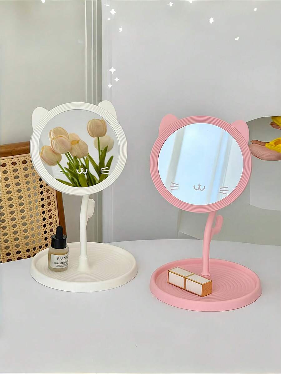 Cute Cat Ear Desktop Makeup Mirror, 360° Rotatable Adjustable Vanity Mirror With Storage Tray, Kawaii Cartoon Cat Face Cosmetic Mirror For Bedroom Dorm Desk, Portable Tabletop Beauty Mirror For Women Girls, Anti-Slip Base Makeup Tool, Ideal Gift For Friends Family, Available In White/Pink, Perfect For Daily Makeup Skincare, Cute Room Decor Aesthetic, Student Dormitory Essential, Easy To Clean And Use - Multicolor - View 1