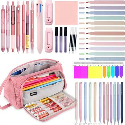 45 PCS Aesthetic School Supplies With Large Pencil Case, 12 Highlighter, 7 Black Ink Gel Pens, Cute Writing Pens With Black & Pink Ink, 0.5 Mm Smooth Fine Point,6 Mechanical Pencils Set, Sticky Notes, Complete Essentials Stationery Kit For Students.Stationery Bag School College Office Organizer For Teens Girls Adults Student.