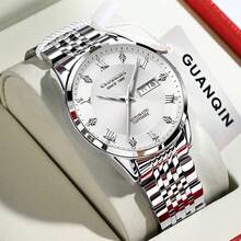 1 pièce Montre GUANQIN étanche et lumineuse, calendrier double, cadran serti de diamants, bracelet en acier inoxydable résistant aux rayures. Montre mécanique à remontage automatique de mode, de luxe, sportive et classique minimaliste pour hommes. Convient pour la Saint-Valentin, les vacances, les sorties, les affaires, le port quotidien, les cadeaux - Or rose - Voir 15
