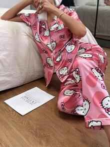 Sanrio Hello Kitty 2026 Women's Silk Pajama Set, Short Sleeve Button Front Lapel Bow Cartoon Cute Front Button Pocket Contrast Trim - Pink - View 5