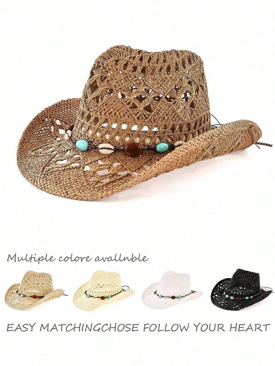 1pc Unisex Multi-Functional Solid Color Gemstone Decor Western Cowboy Hat Hollow Print Straw Hat Spring Summer Travel Sun Beach Hat Casual Sun Hat - Lạc đà - Xem 1