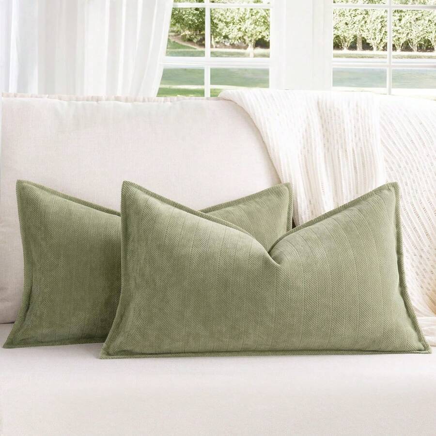 1 buah Sarung Bantal Hias Motif Tulang Ikan Chenille (Isi Bantal Tidak Termasuk), Dekorasi Rumah Gaya Rumah Pertanian, Sarung Bantal Sofa, Dekorasi Rumah Warna Polos Cocok Untuk Kamar Tidur, Balkon, Ruang Tamu, Ruang Makan - Hijau - View 1