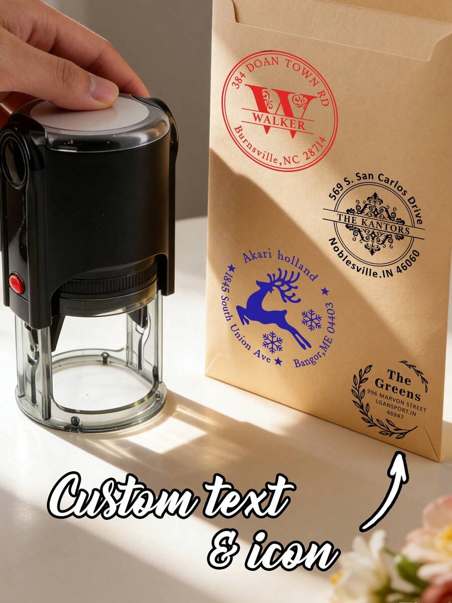 Custom Address Stamp, Vintage Elegant Round Style Name & Icon Stamp For Envelopes Packaging Business Branding, Personalized Signature Stamp For Home Office Mail Use, Customized Text Gift For Wedding Anniversary Housewarming Holiday, Customizable Design Stamp - Style a - View 1