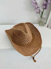 1pc Vintage Hollow Brim Wide Brim Straw Hat, Suitable For Spring/Summer Outdoor Travel Vacation Beach, Handwoven Breathable UV Protection Western Cowboy Panama Straw Hat For Men And Women - Hollow Straw Hat - View 12