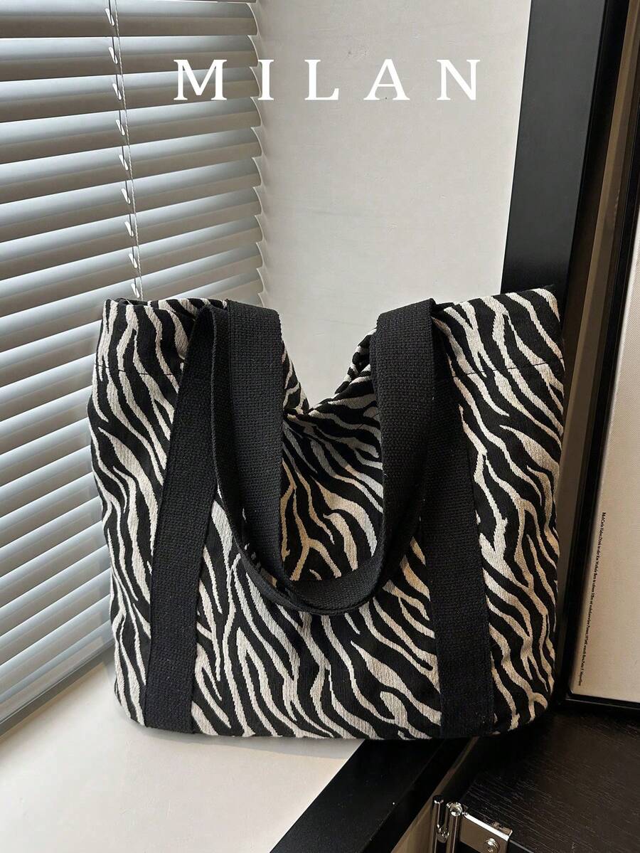 Fashionable Versatile Zebra Print Tote Bag, Casual Minimalist Textured Contrast Color Shoulder Handbag