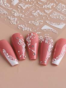 5D Nail Stickers French-Style White Complex Totem Line Design Slider Emboss Charm Elegant Decals Marry Nail Art Supplies And Decorations DIY Manicure Accessories - White - View 5