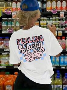 Camiseta de mujer de estilo vintage con estampado de eslogan de la suerte y cuadros, holgada, oversize, caída, casual, para uso diario en verano - Blanco - Ver 3