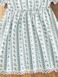 Girls Casual Floral Print Dress With Ruffle Collar, Princess Sleeves And Keyhole Back Design, Knee-Length, Summer - White - View 7