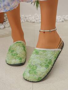 New Women's Flat Shoes, Mesh Bottom With Floral Decor, Casual For Daily Wear, Comfortable And Versatile Flat Sandals For Beach, Holiday, Party, Gradient Green Color With Random 3D Floral Pattern - Gradient Green - 3D Flower - View 5