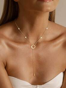 1 chiếc vòng cổ chữ Y bằng thép không gỉ mạ 18K thời trang tối giản hình hoa hướng dương - Vàng - Xem 2