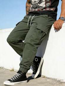 Plus Size Men's Casual Cargo Pants, Drawstring Waist Multi-Pocket Outdoor Sports Pants Fall - Olive Green - View 5