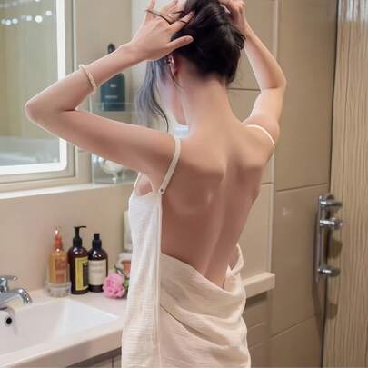 Ultra Soft Coral Fleece Camisole Towel With Shoulder Straps - Slip Resistant, Highly Absorbent - Perfect For Home Use And Spa, Bathroom Accessories, Striped Design, Polyester Fabric, Ultra Soft, Face Towel