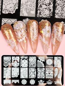 2 Pieces Set Of Elegant Lace Nail Print Board, Including Lace Lace, Crown, Floral Pattern Nail Template, Stainless Steel Nail Hot Stamping Board, DIY Nail Tools - Silver - View 8