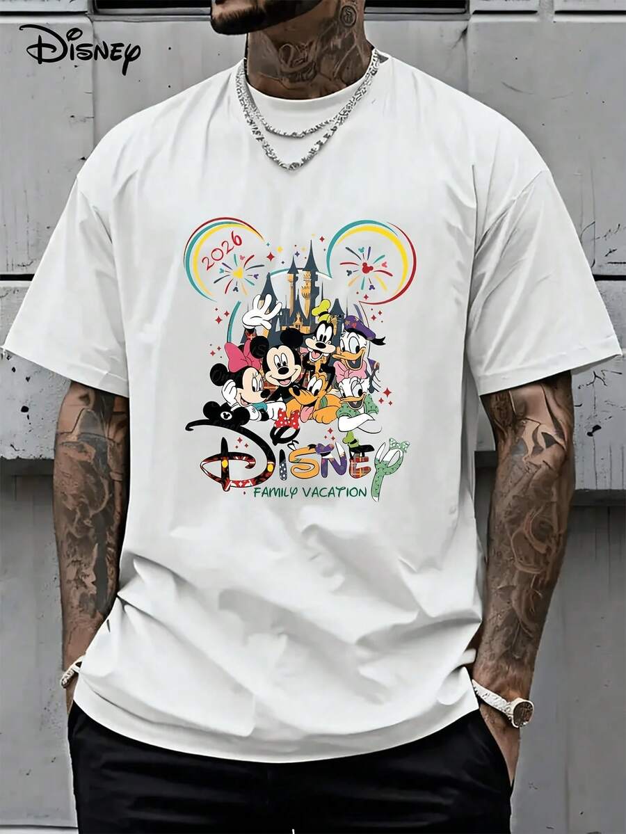 [Disney Licensed][Authorized By Disney's Official Original] 2026 Family T-Shirts For Men And Women, Mickey's Collective Appearance+Castle Fireworks Decoration, 2026 Logo+"Family Vacation", Disney Shirts, Mens Clothes, Summer Clothes, Officially Licensed Disney T-Shirts, Disney Men's And Women's Spring/Summer Fashion Casual Short-Sleeve T-Shirts - trắng - Xem 1