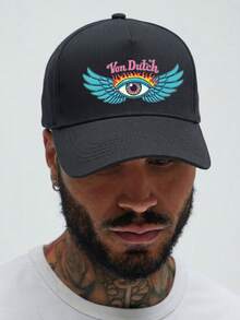 1pcs Von Dutch Eye Wings Flames Printed Baseball Cap, Classic Casual Retro Y2K Unisex Baseball Cap, Adjustable Size, Lightweight And Sun Protection, Suitable For Outdoor Sports, Daily Parties, And Vacations, - 黑色 - 查看 2