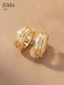 Hihho 1 Pair Multi-Layer Full Diamond Wide Hoop Earrings, Luxury Commuting Versatile Design, Exquisite Jewelry Earrings For Women, European And American Gorgeous Style Suitable For Daily, Festivals, Shopping - Earrings - View 6