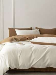 New Solid Color Patchwork Nordic Style Simple Polyester Duvet Cover 3 Pieces Set - Coffee Brown - View 3