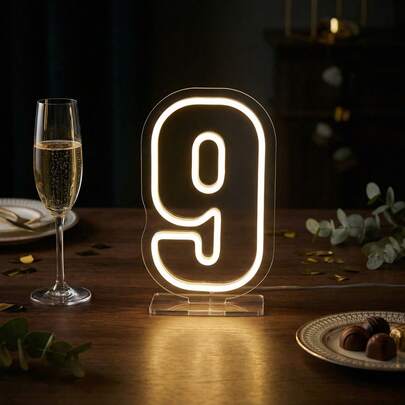 1个0-9数字霓虹灯，暖色LED夜灯，USB供电低压，适用于餐厅、酒吧、婚礼、生日、求婚和咖啡馆的桌面装饰