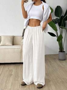 Solflare Plus Size Women Apricot Drawstring Waist Wide Leg Casual Pants Summer Pants,Business Casual Woman - trắng - Xem 3