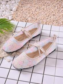 Fairy Style Rose Low Heel Mary Jane Flats, Bow Lace Low Vamp Flat Shoes For Spring/Summer - Multicolor - View 2