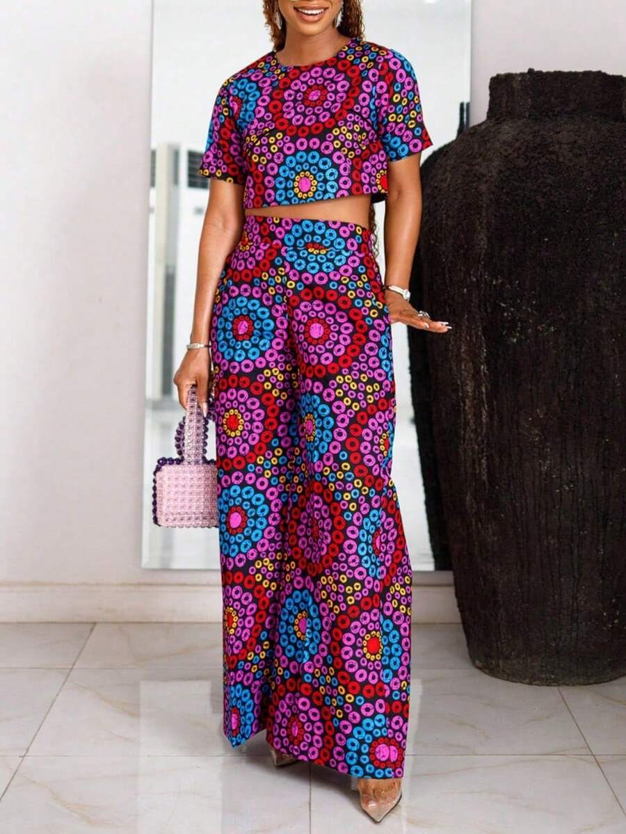Women's Bohemian Style 2 Pieces Set, Including Round Neck Cropped Top And Flowy Wide-Leg Pants, Creating A Fashionable Vacation Look Summer - Hot Pink - View 1
