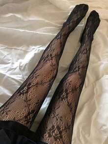 Women's Black Floral Mesh Stockings, Fashionable Sexy Versatile Leggings Suitable For Daily Wear - Black - View 9