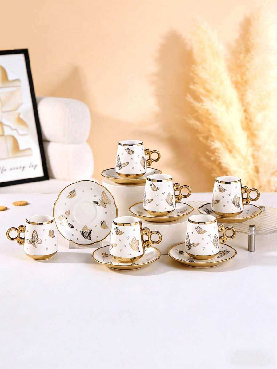 6件套欧式茶杯碟套装,金边,2.8盎司,陶瓷咖啡杯碟套装,适合早餐、下午茶、茶会、居家、花园、餐厅等各种场合。夏季和冬季饮具,茶杯碟套装,返校季必备。 - 金色 - 查看 1
