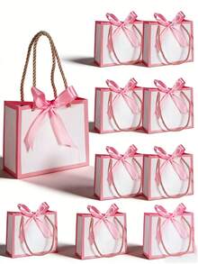 Set de 10 bolsas de regalo pequeñas con asas, bolsas mini blancas, tamaño 14x6.5x12 cm, bolsas de regalo pequeñas al por mayor con cintas, adecuadas para recuerdos de fiestas, Día de la Madre, recuerdos, bodas, baby showers (blanco y rosa) - Bordes rosas + cinta de abanico - Ver 10