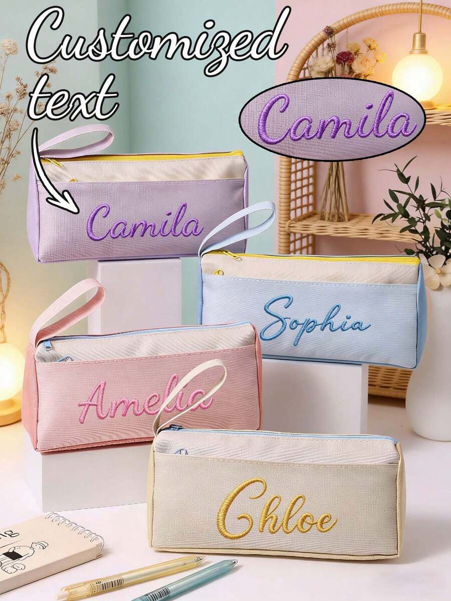Customized Embroidered, Personalized Text, Color Block Large Capacity Pencil Case, High-Quality, Portable, Back To School Essential, Gift For Friends And Classmates - Multicolor - View 1