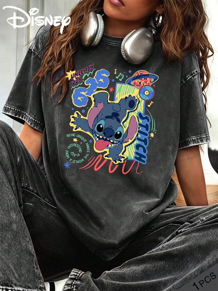 Disney Summer Clothing With Lilo & Stitch Print, Washed Cotton Crew Neck Loose Short Sleeve T-Shirt, Slight Stretch Fabric, Suitable For Daily, Vintage And Streetwear - màu đen - Xem 1
