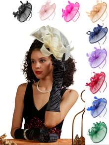 1 pieza Fascinador para mujer Clip para el cabello Sombrero Bombín Pluma Flor Velo Sombrero para fiesta de boda Sombrero de té Horquilla con flor para banquete de boda - A - Ver 1