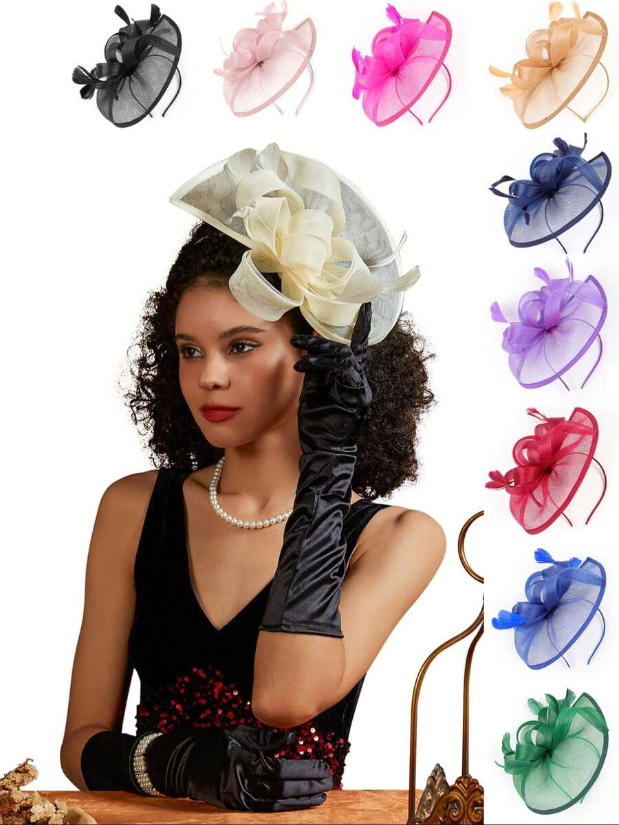 1 pieza Fascinador para mujer Clip para el cabello Sombrero Bombín Pluma Flor Velo Sombrero para fiesta de boda Sombrero de té Horquilla con flor para banquete de boda - A - Ver 1