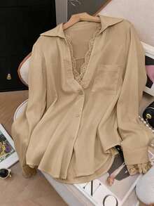 优雅白色半透明衬衫，V领长袖，饰以精致撞色蕾丝花边，春季款 - 卡其色 - 查看 1