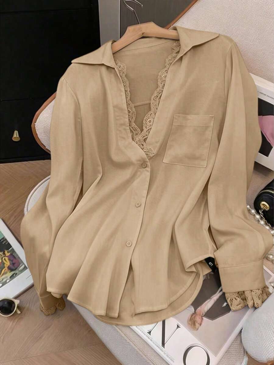 优雅白色半透明衬衫，V领长袖，饰以精致撞色蕾丝花边，春季款 - 卡其色 - 查看 1