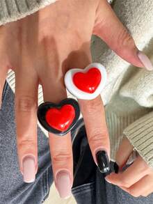 2pcs/Set Cute Black, White & Red Heart Resin Rings, Minimalist Sweet Romantic Ring Set, Suitable For Daily & Holiday Wear - Multicolor - View 3